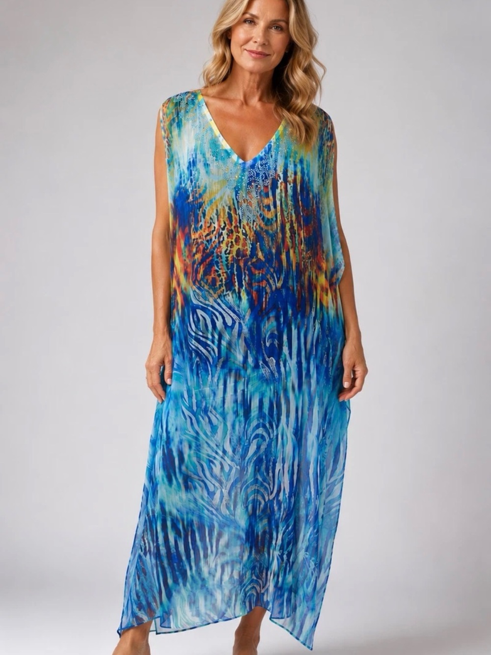 S-Twelve Beaded Gemed Multicolored Boho Chiffon Caftan Medium or OS Made in USA